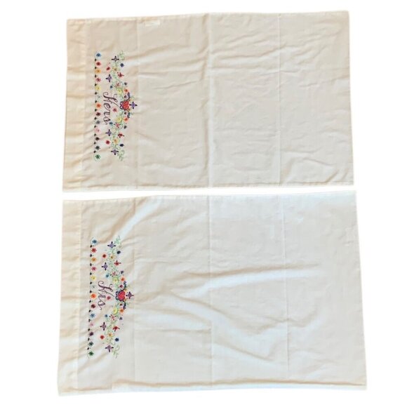 His & Hers Embroidered Queen Size Pillowcases Pair White Cotton Poly Blend - Picture 5 of 7